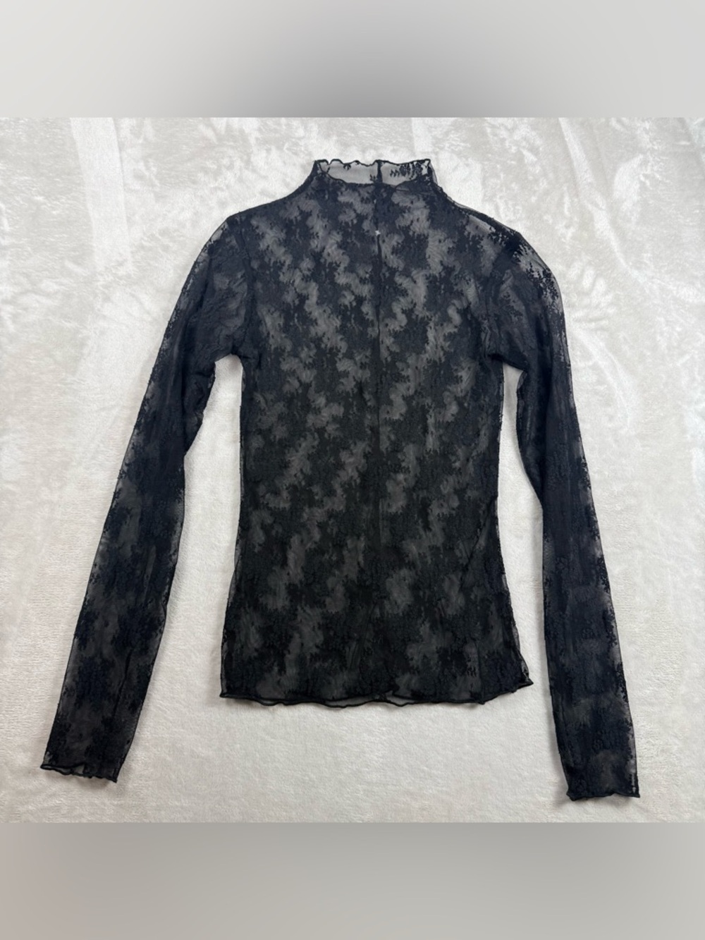 Sheer Black Lace Mesh Long Sleeve Top Mock Neck Y2K Goth Layering Top Size S